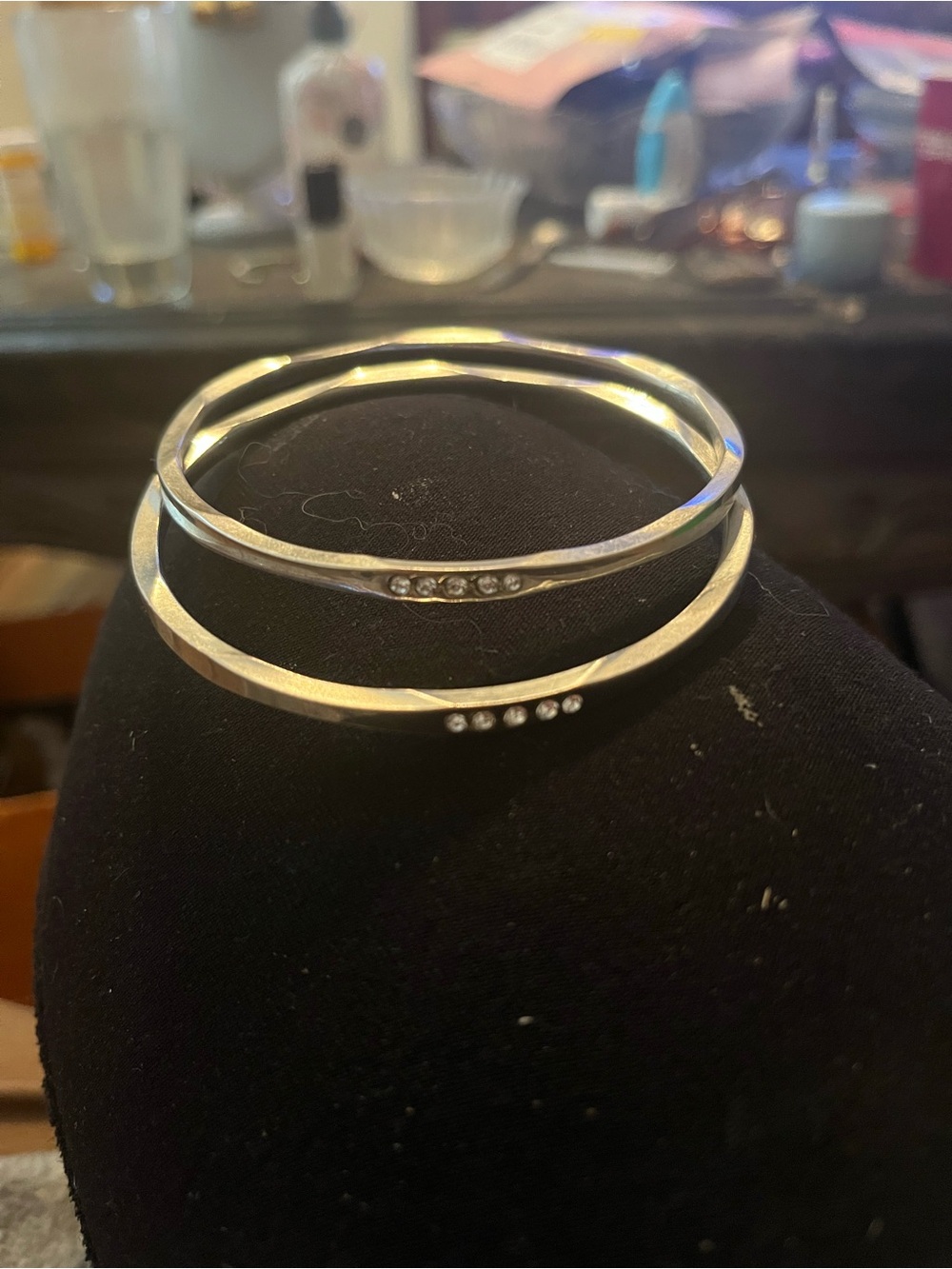 Silver Tone Thin Wavy Bangle Bracelets with Rhinestones